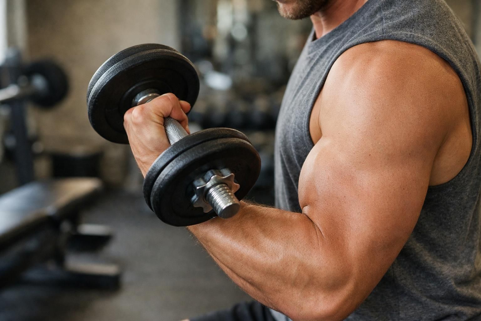 Man in gray tank top curling black dumbbell