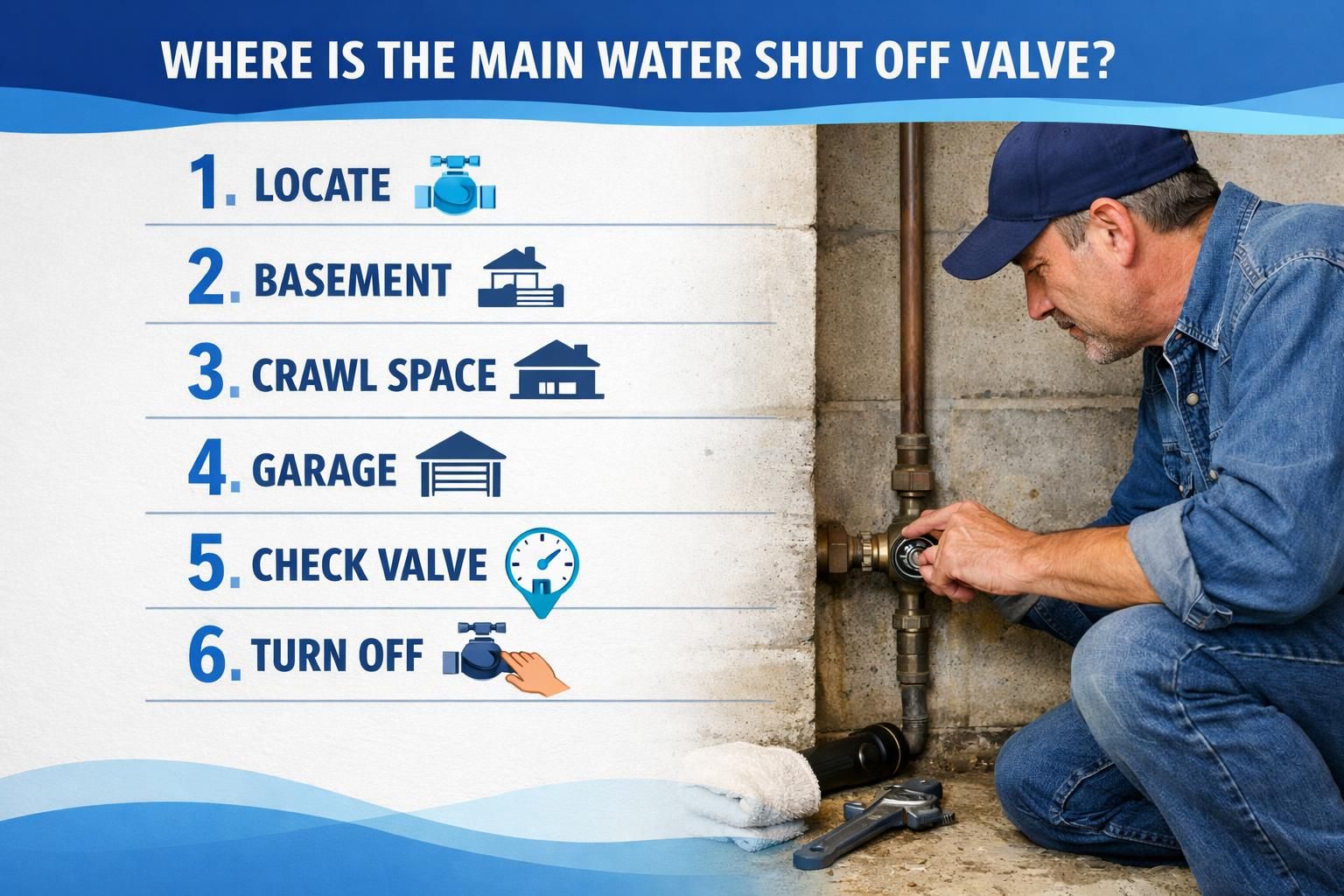 Man turning main water shutoff valve on pipe