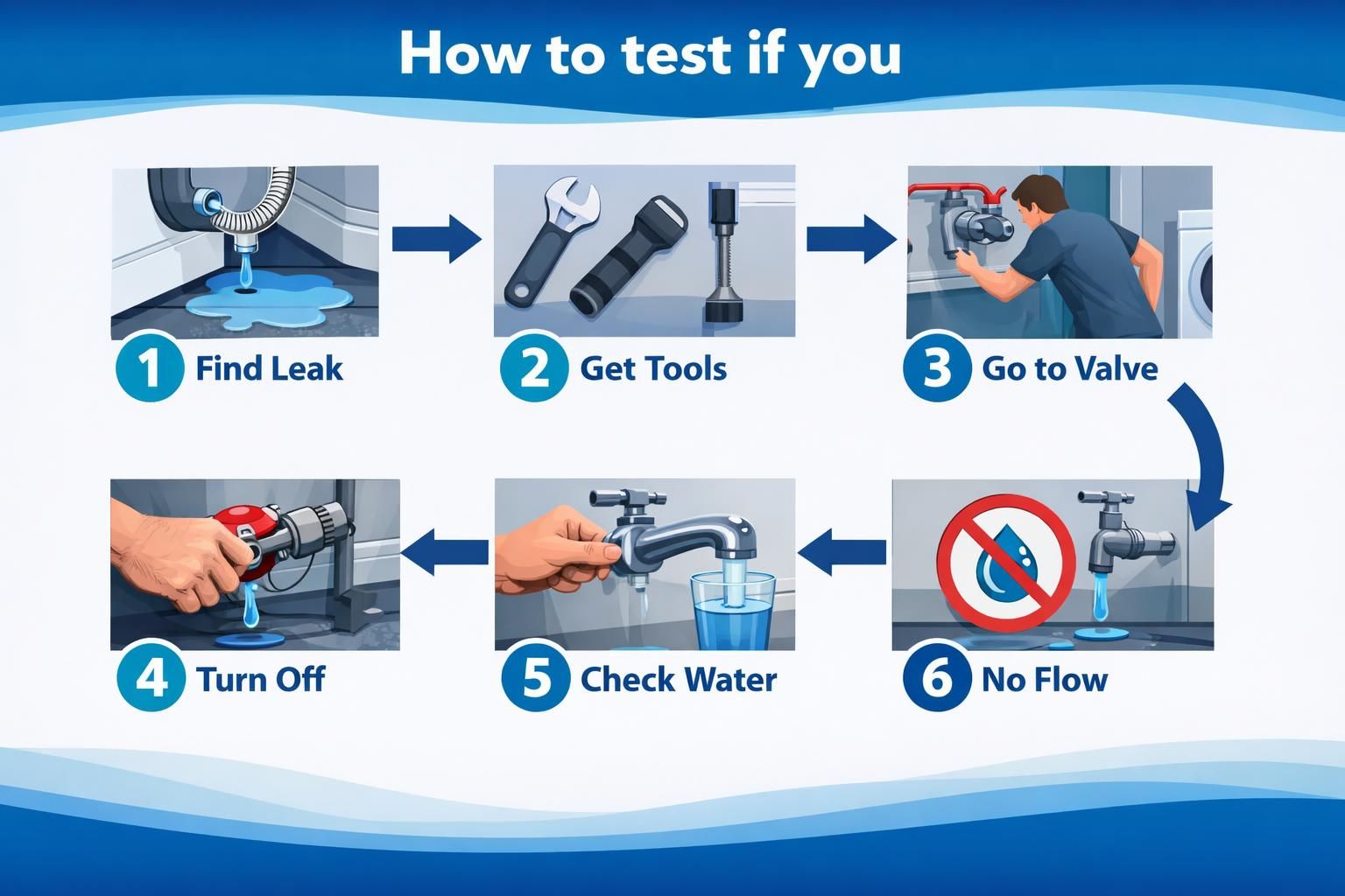 Six-step infographic showing how to test a water leak