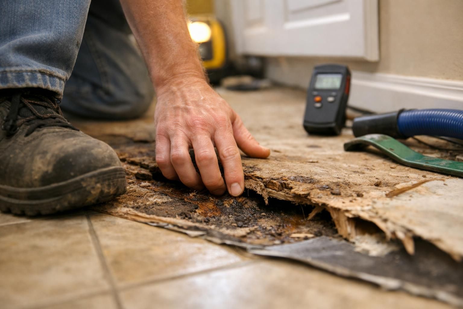 Hand lifting rotted subfloor beside tile and tools
