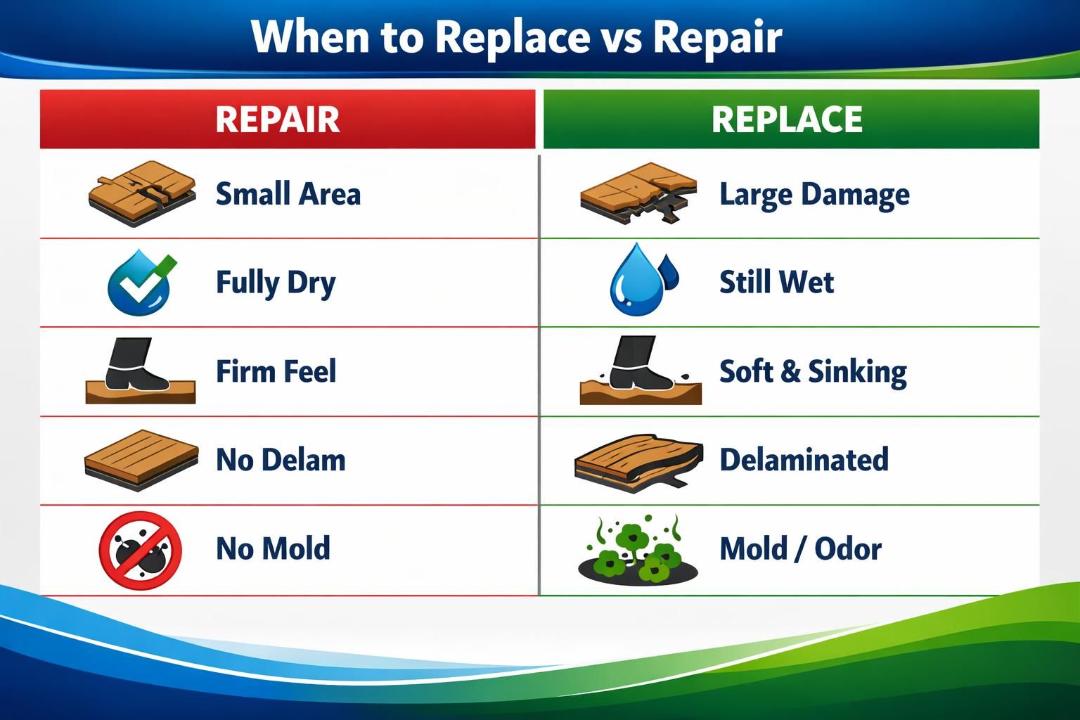 Repair versus replace chart for water damaged flooring