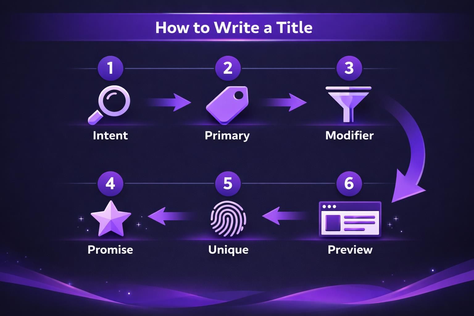 Purple infographic showing six steps to write a title