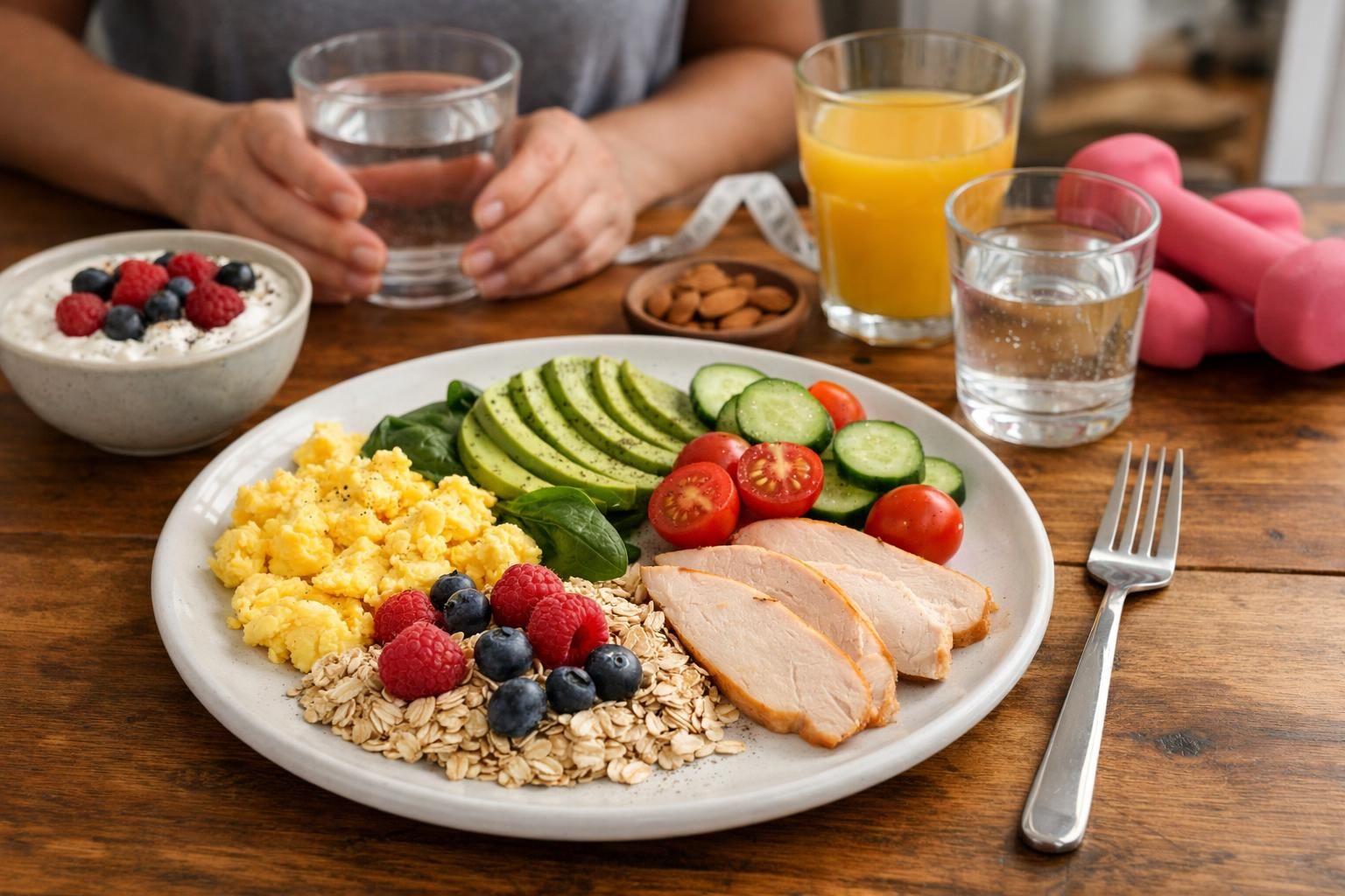 Healthy breakfast plate with eggs, avocado, oats, chicken