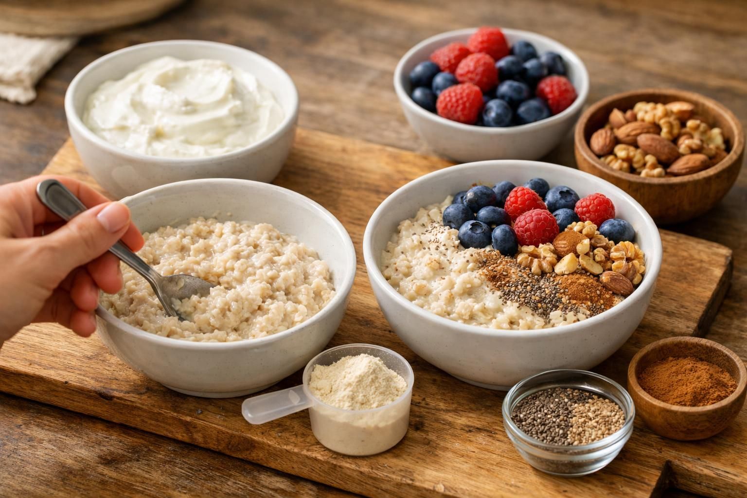 Bowls of oatmeal with berries, nuts, and yogurt