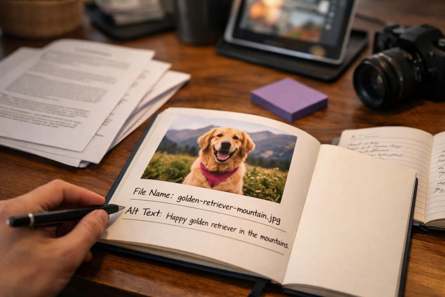 Hand writing alt text beside golden retriever photo