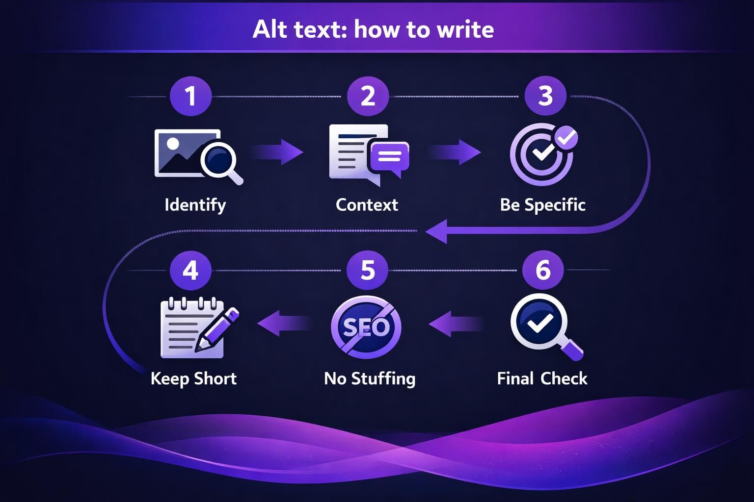 Purple infographic showing six steps for writing alt text
