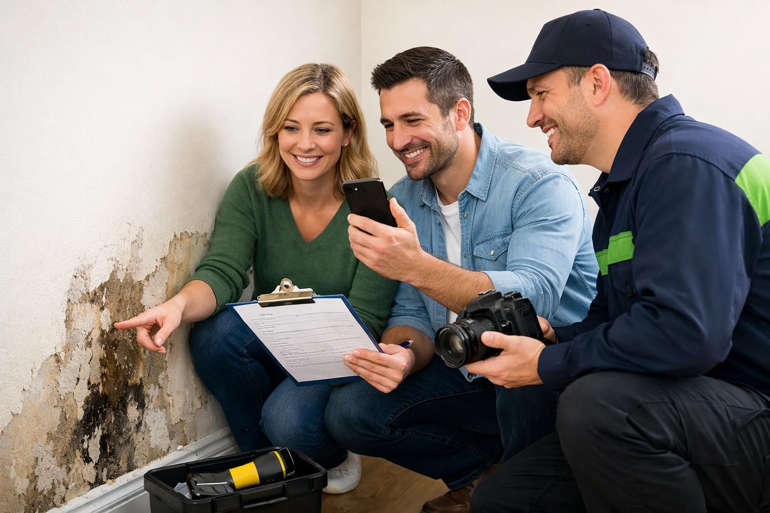 Homeowners and inspector examine moldy wall, holding clipboard