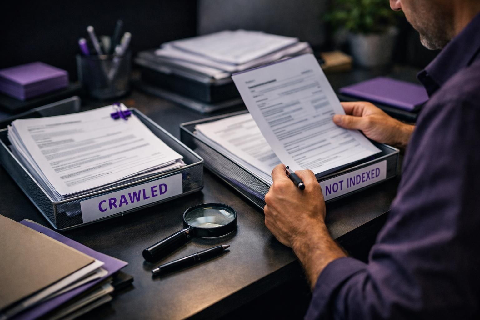 Man reviews documents beside crawled and not indexed trays