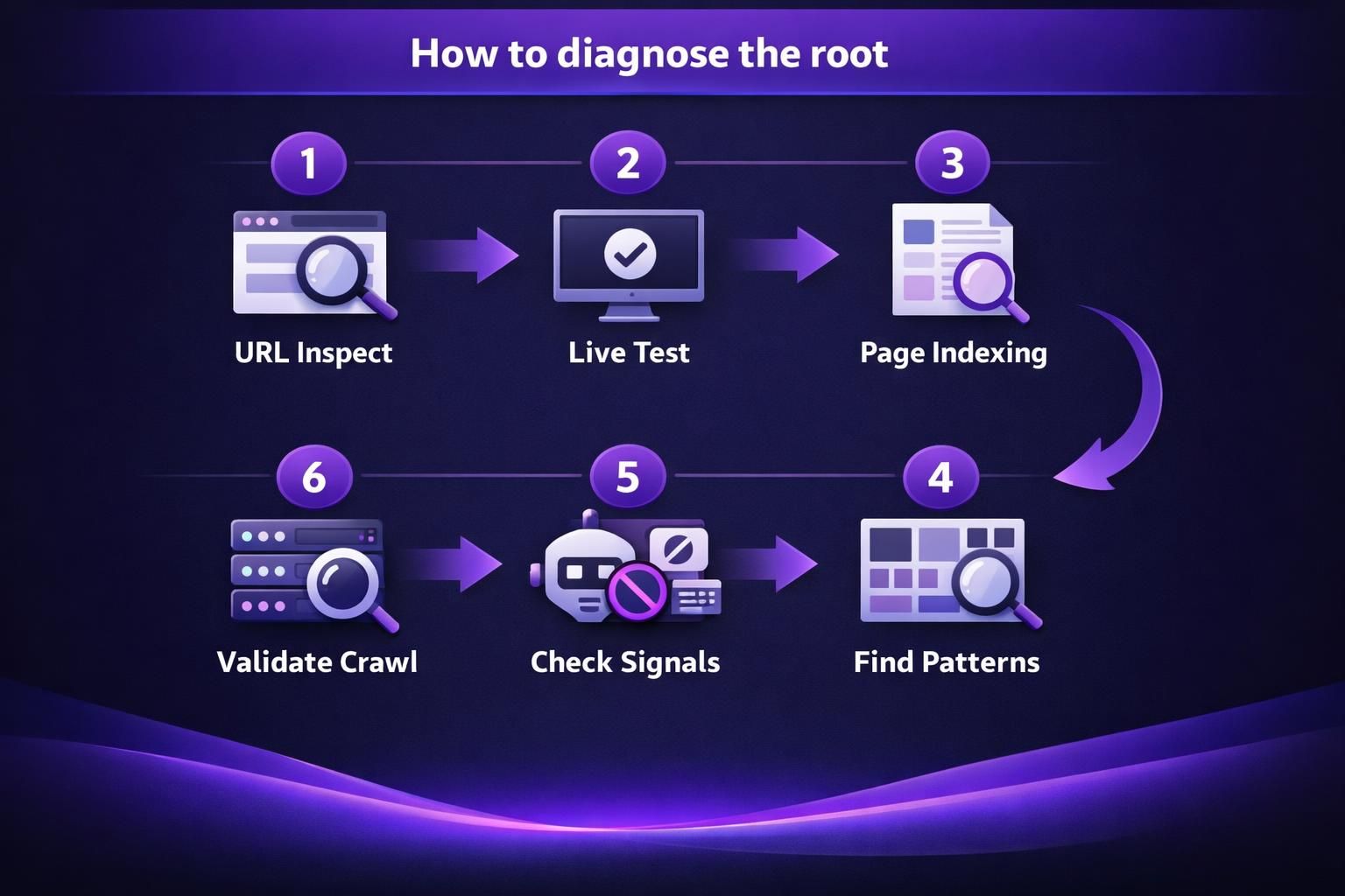 Purple flowchart showing six steps to diagnose root