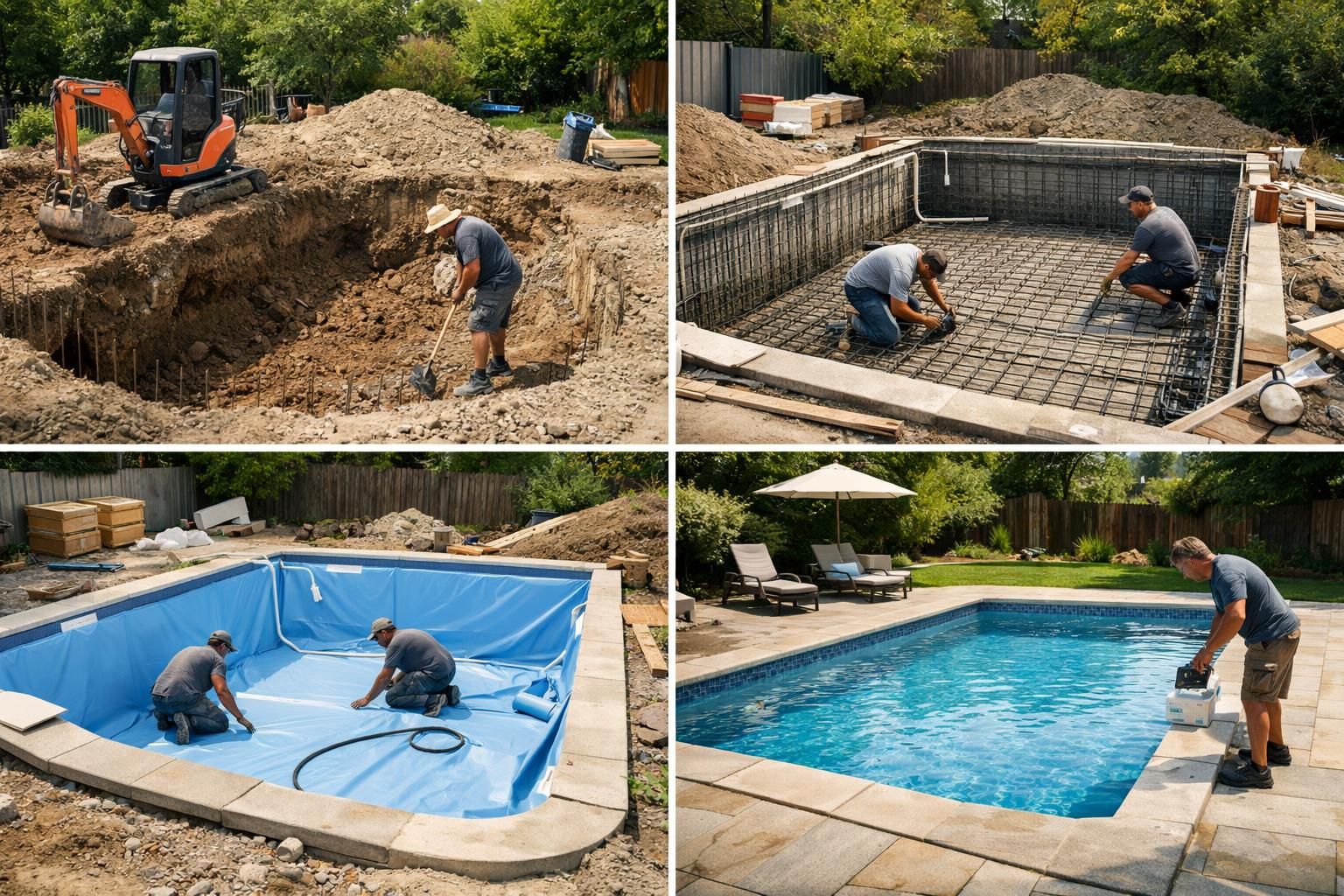 Four-step backyard pool build from excavation to filling