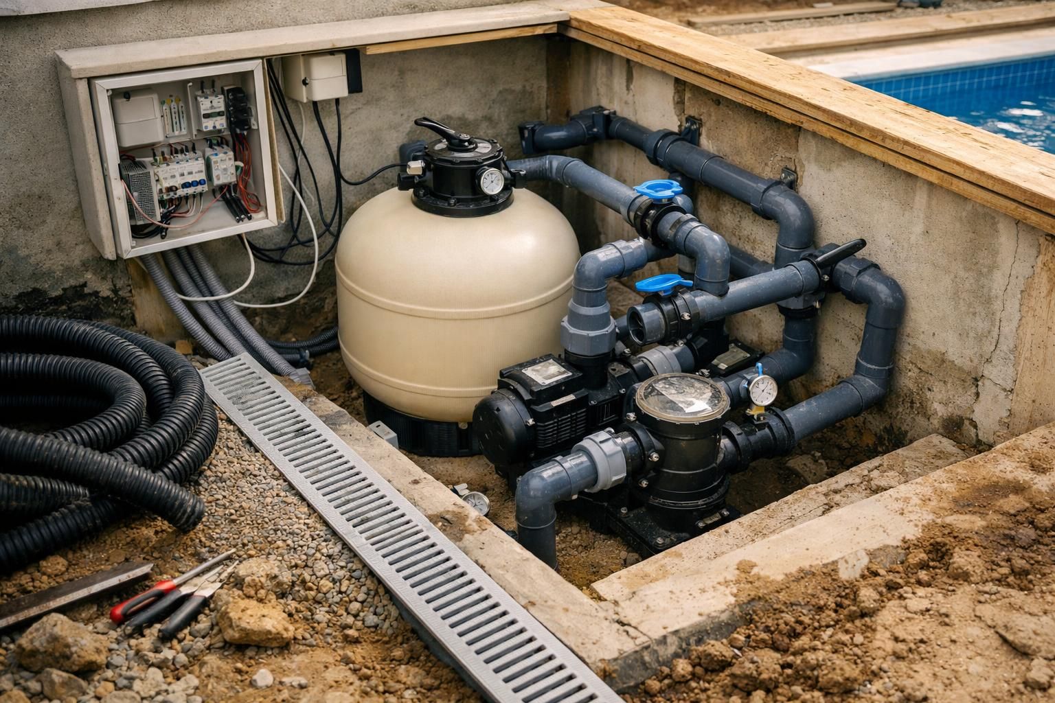 Pool pump and filter system with pipes and valves