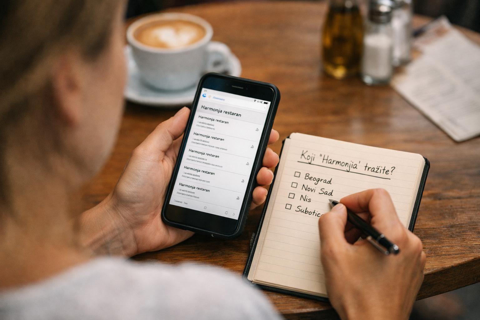 Person searching restaurant on phone, writing city list