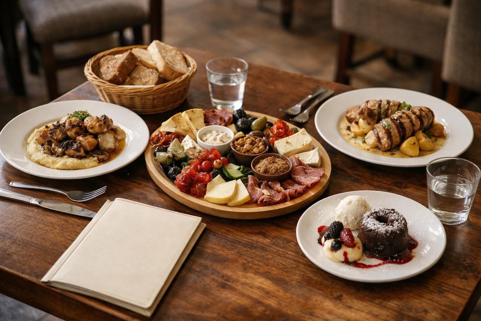 Restaurant table with charcuterie board, entrees, and chocolate dessert