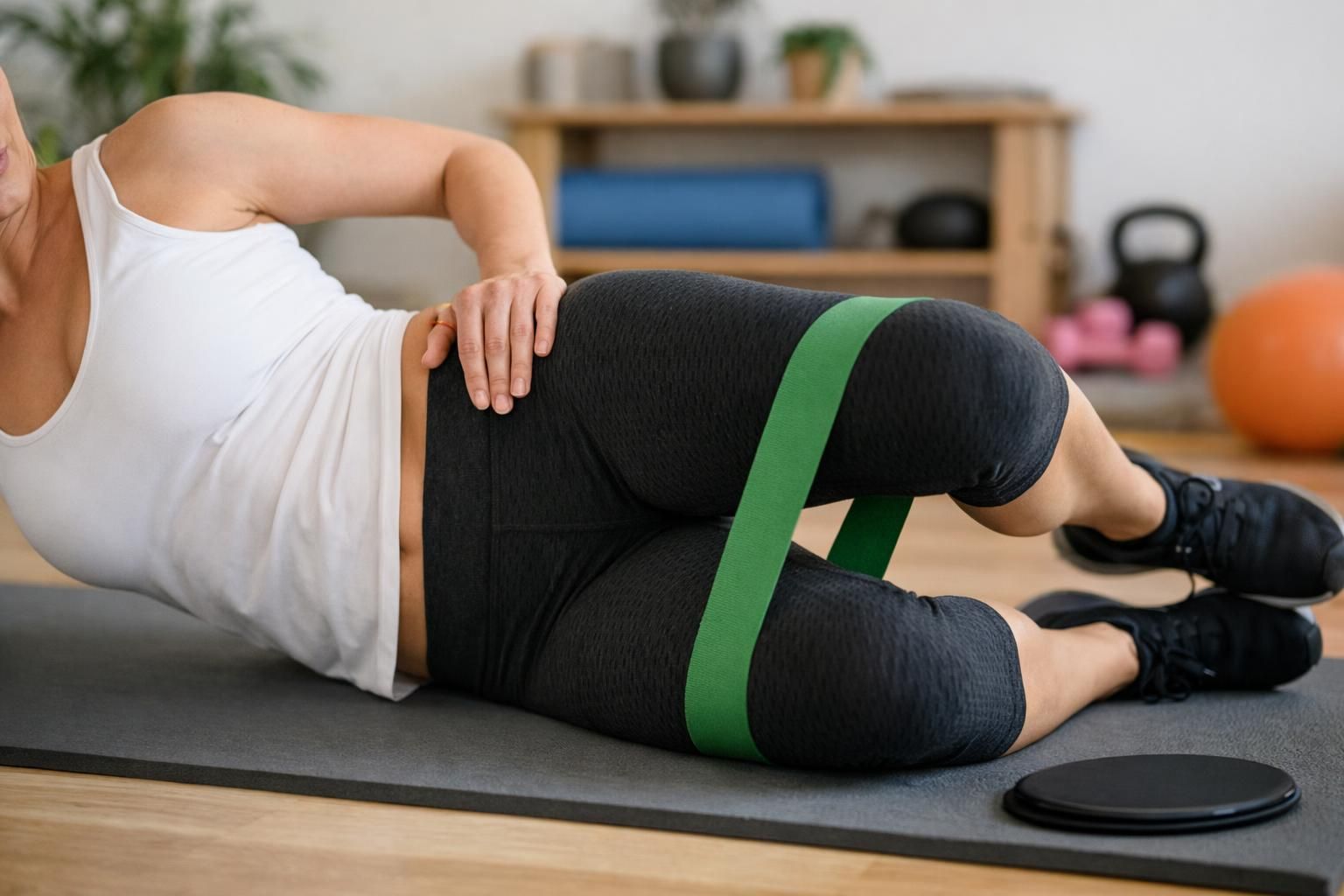 Woman doing side leg lift with green resistance band
