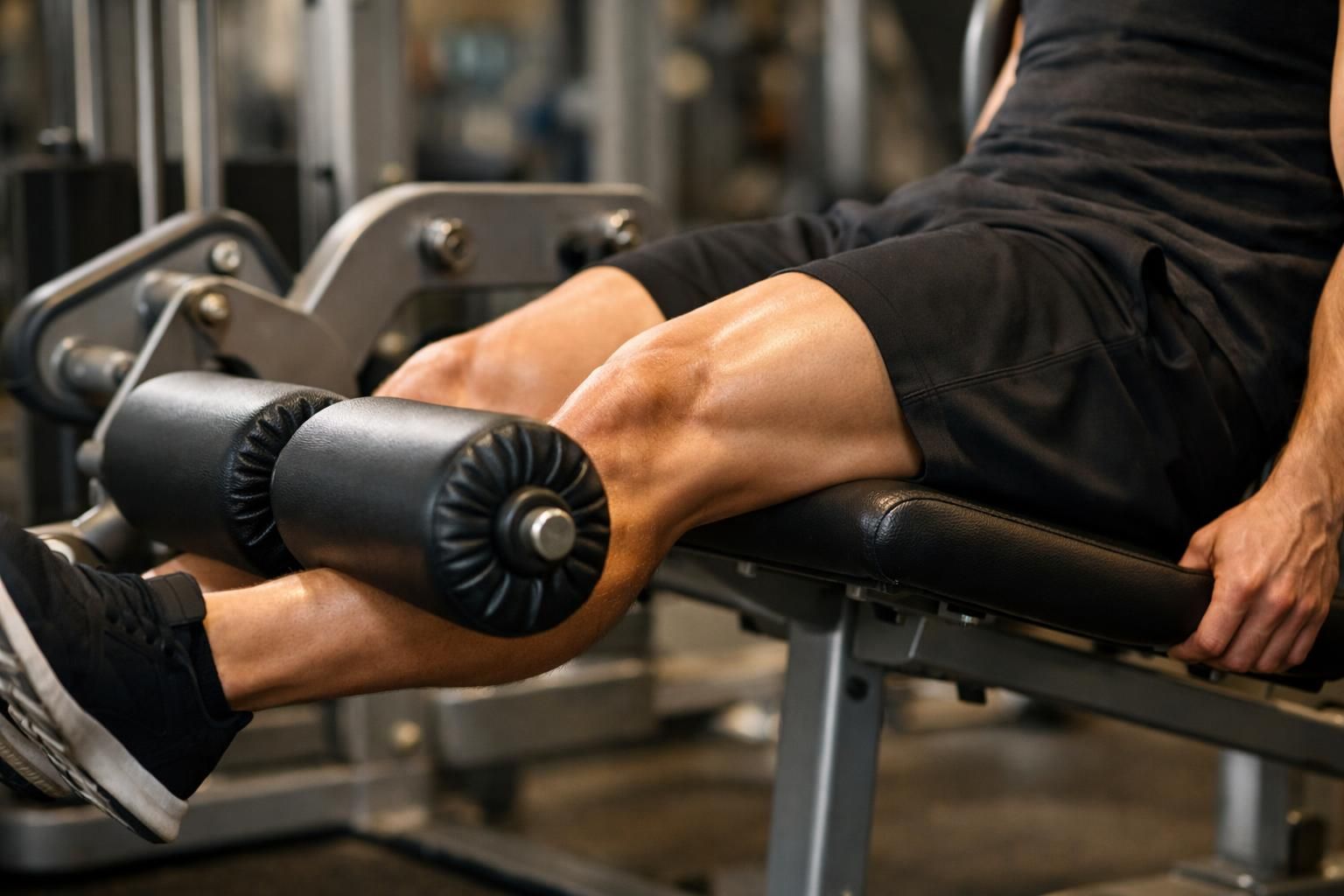 Person using leg extension machine with padded rollers