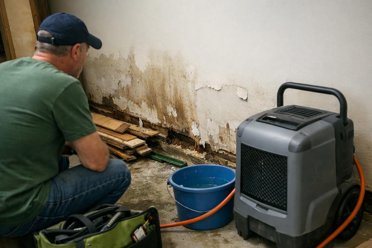 Man inspecting water-damaged wall beside dehumidifier and bucket
