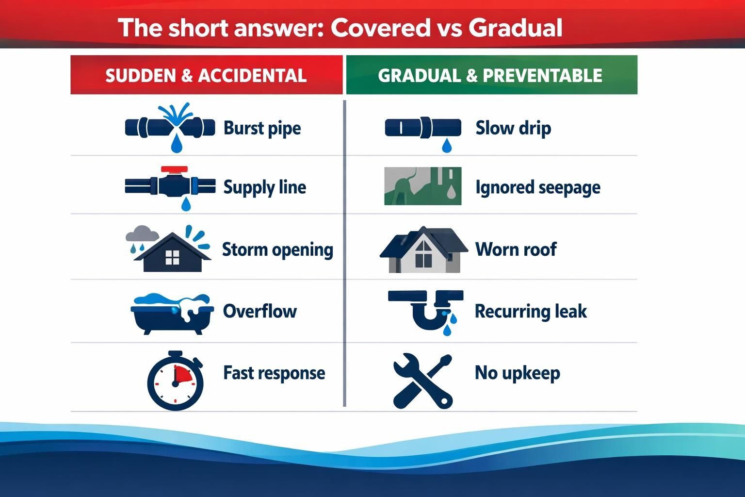 Infographic comparing sudden water damage versus gradual leaks