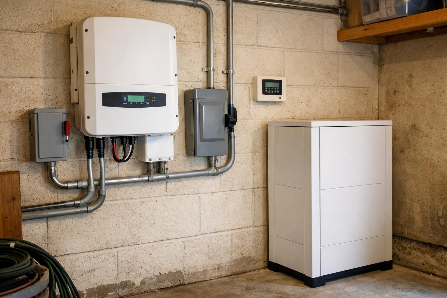 Wall-mounted inverter and battery cabinet in concrete basement