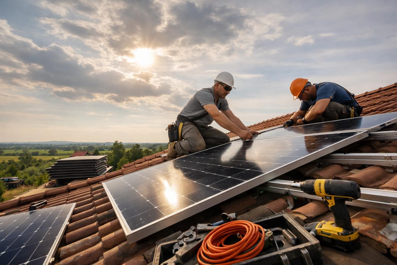 Two workers installing solar panels on tiled roof