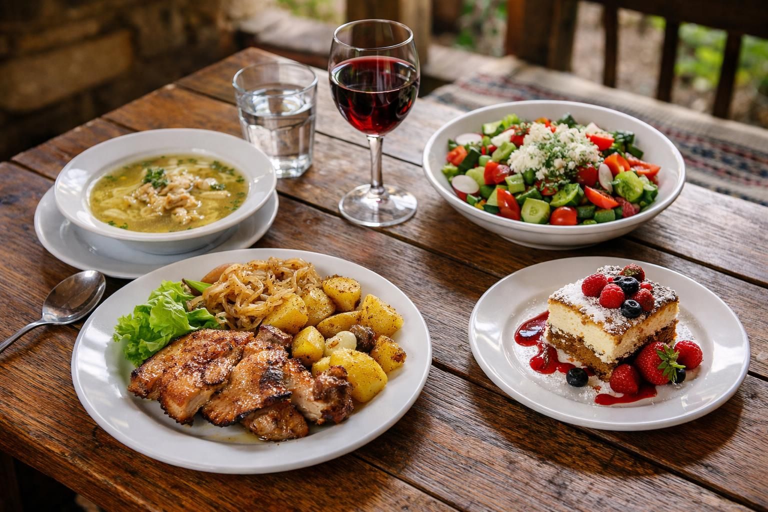 Rustic table with soup, roast pork, salad, berry cake