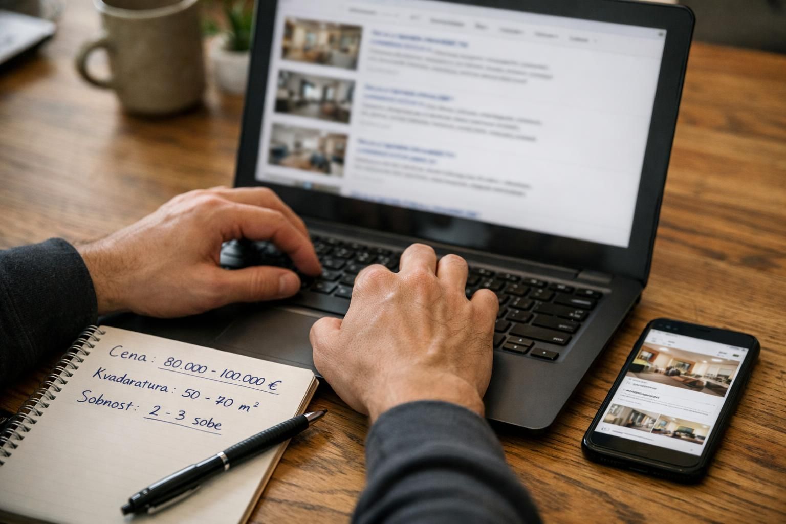 Hands typing on laptop, notes and phone on table
