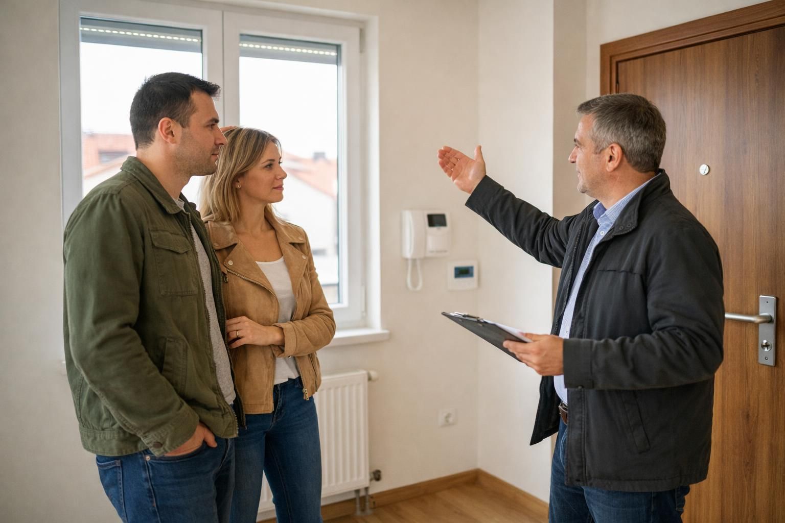 Realtor showing apartment to couple near window and door