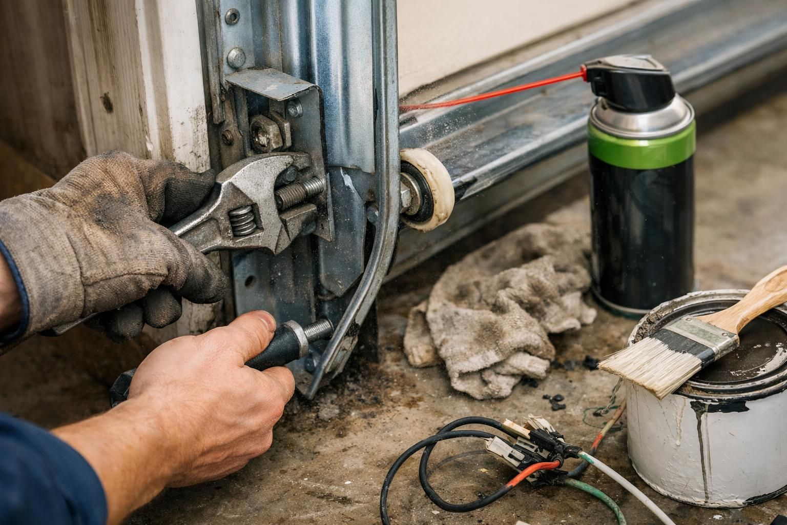 Gloved hands adjusting garage door hinge with wrench