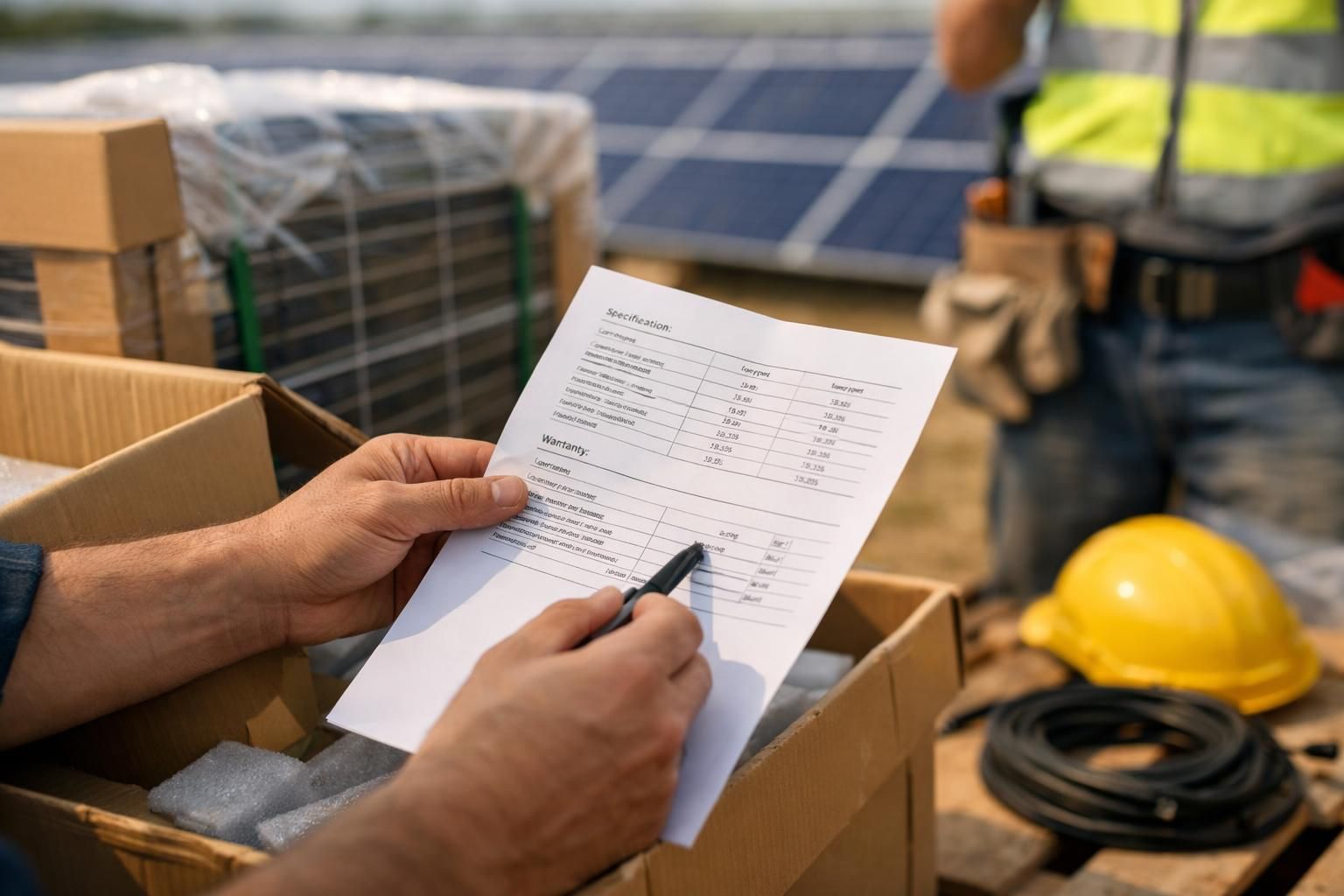 Hands checking specification sheet near solar panels and helmet
