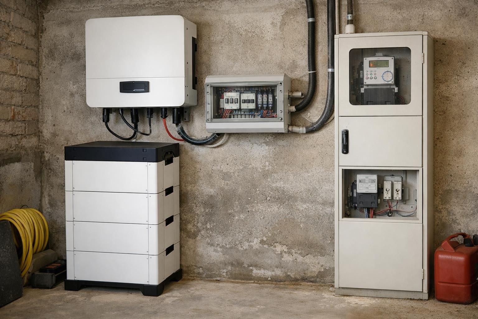 Wall-mounted inverter and battery storage beside electrical panels