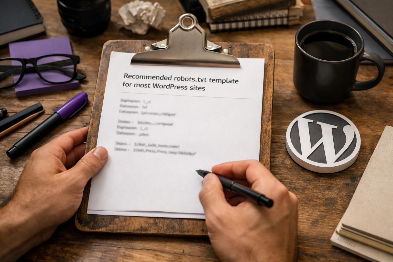 Hands holding clipboard with robots txt template and WordPress logo