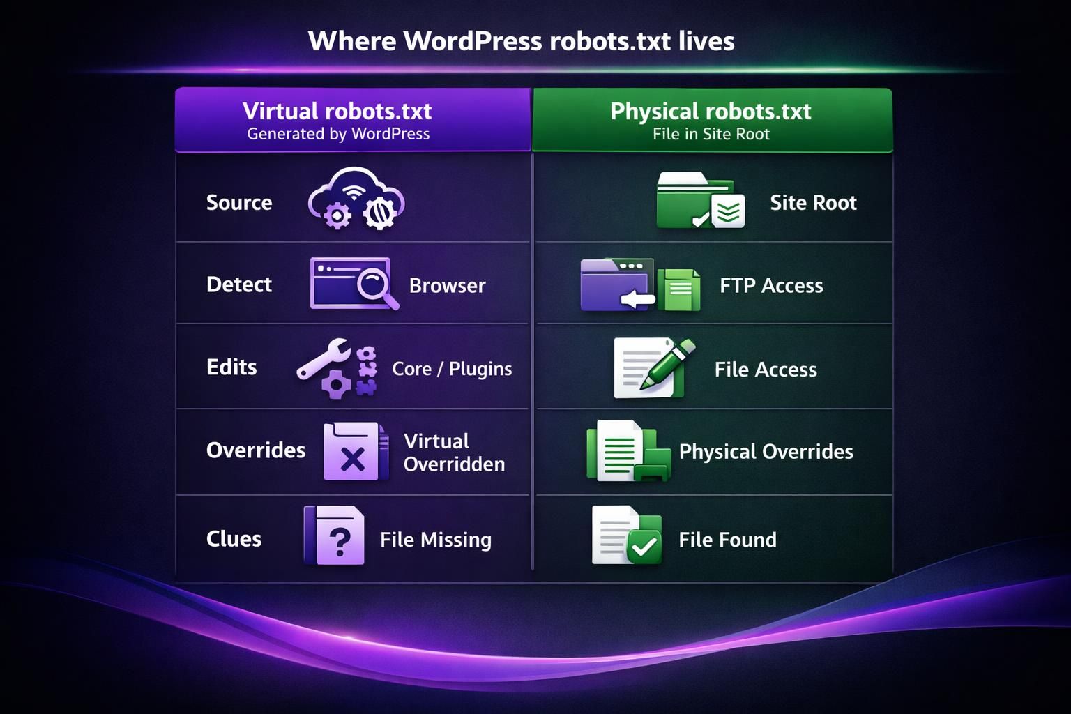 Chart comparing virtual and physical WordPress robots txt locations