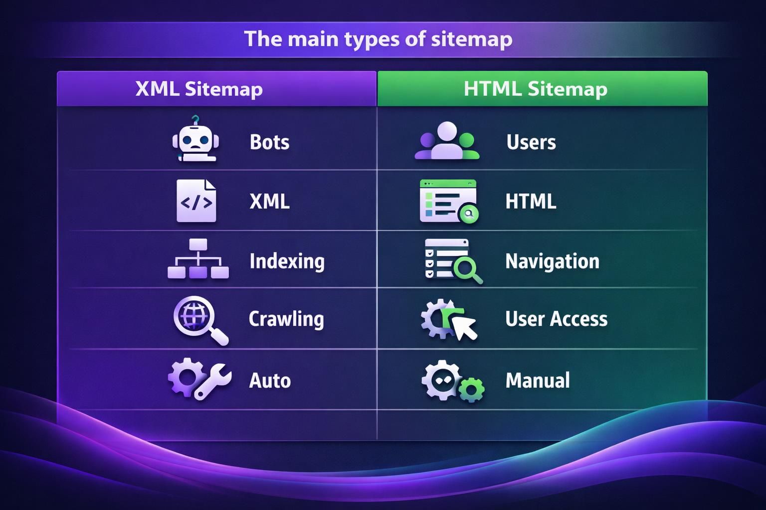 Chart comparing XML and HTML sitemap features for websites