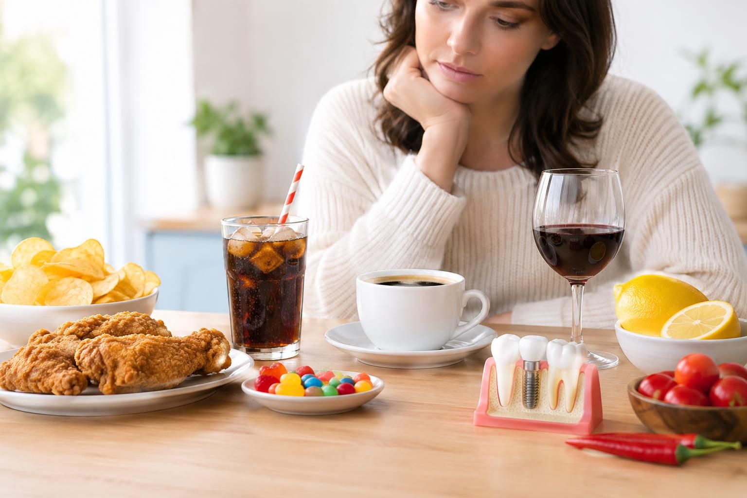 Woman looking at coffee, soda, fried chicken, and citrus