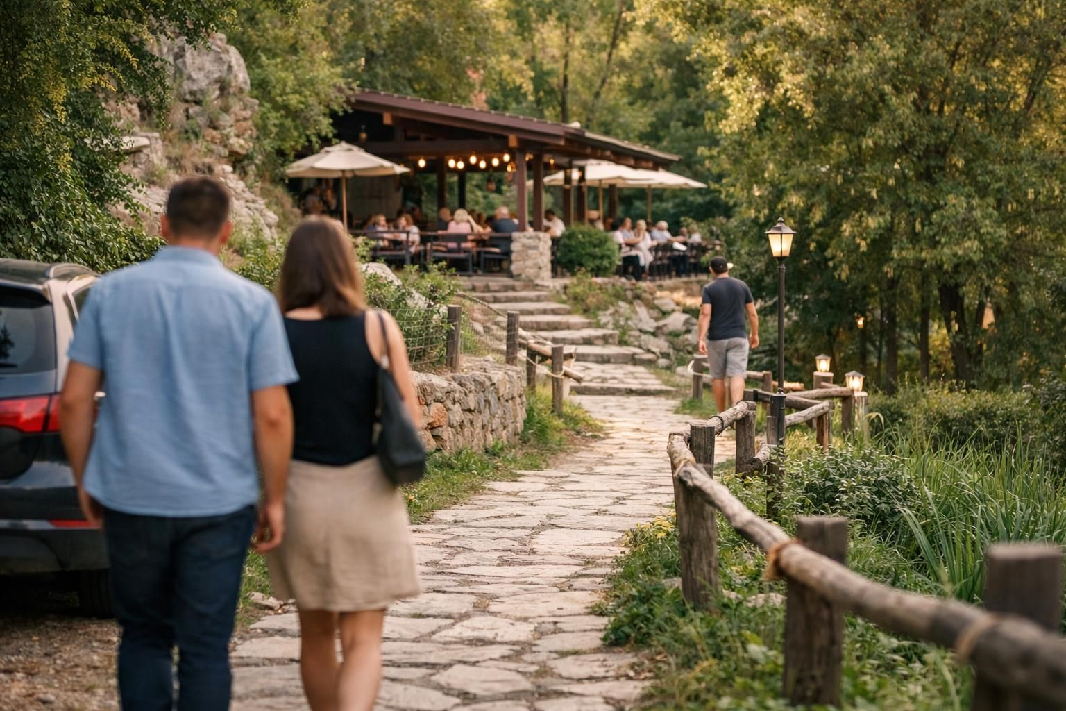 Couple walking stone path toward outdoor restaurant patio