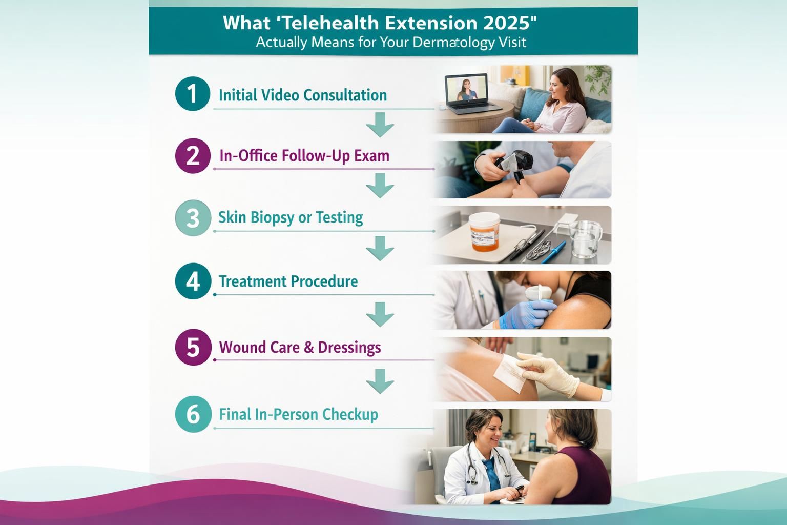 Infographic showing six-step telehealth dermatology visit process