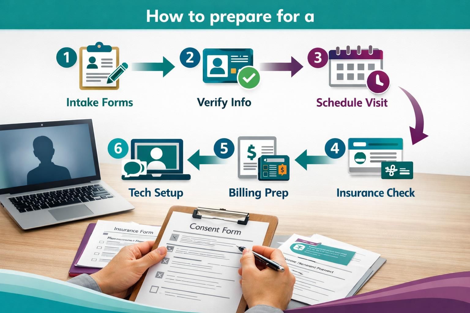 Telehealth prep infographic with forms, insurance check, laptop