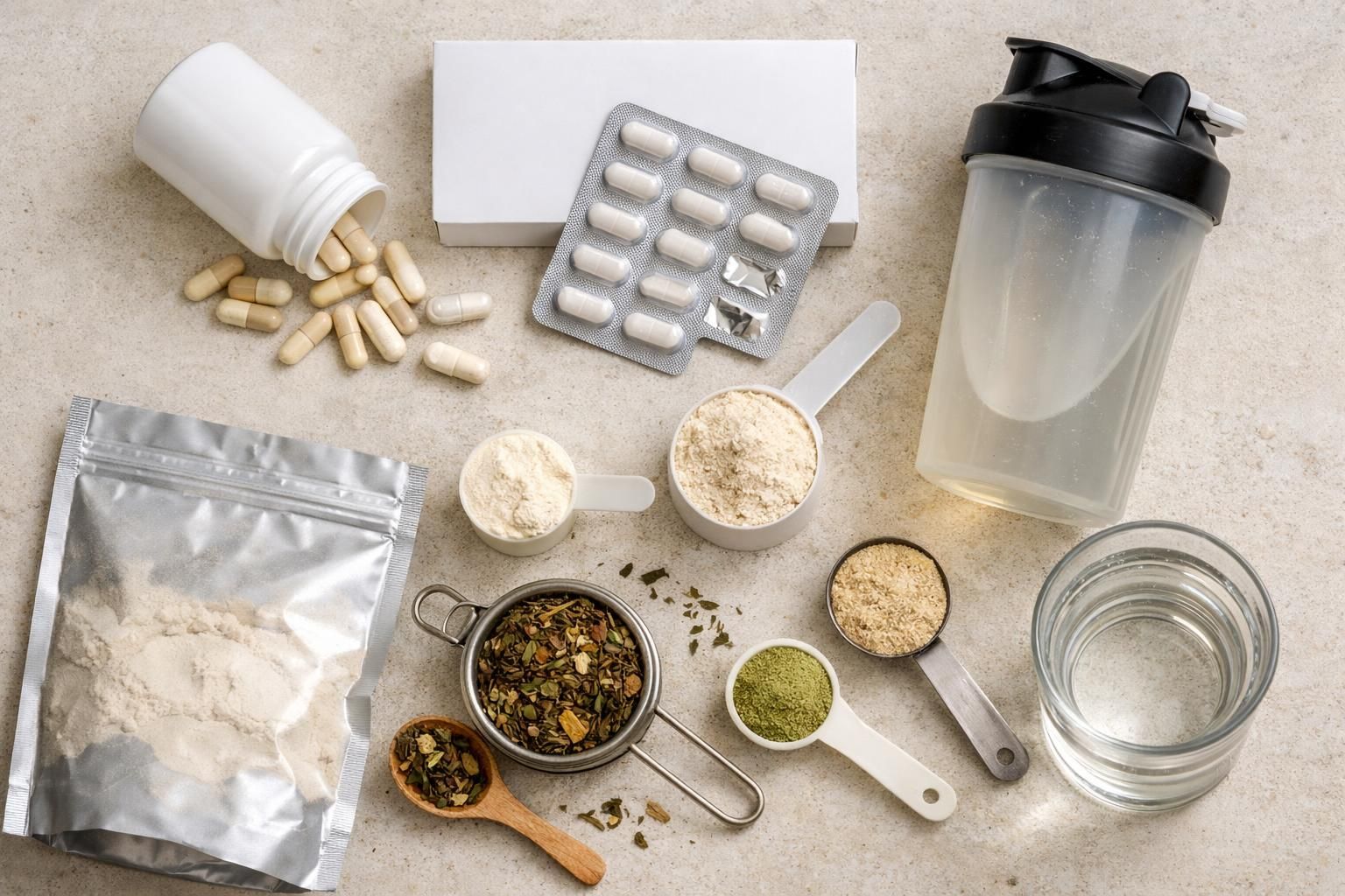 Supplements, protein powder scoops, shaker bottle, and capsules on counter