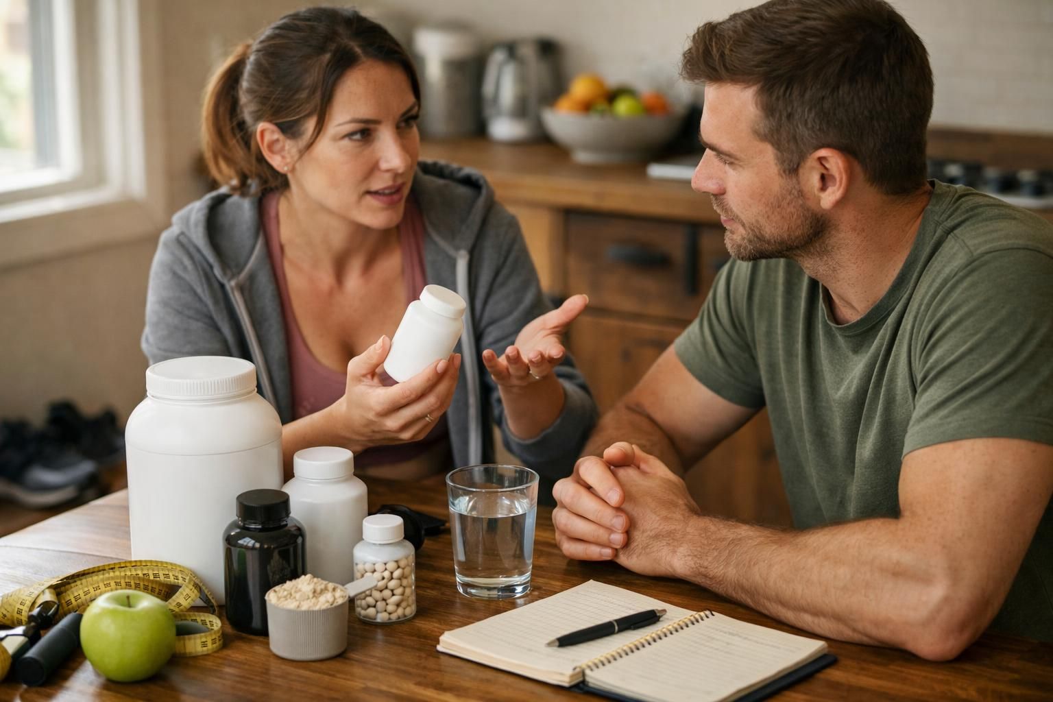 Woman holding supplement bottle, talking with man at table