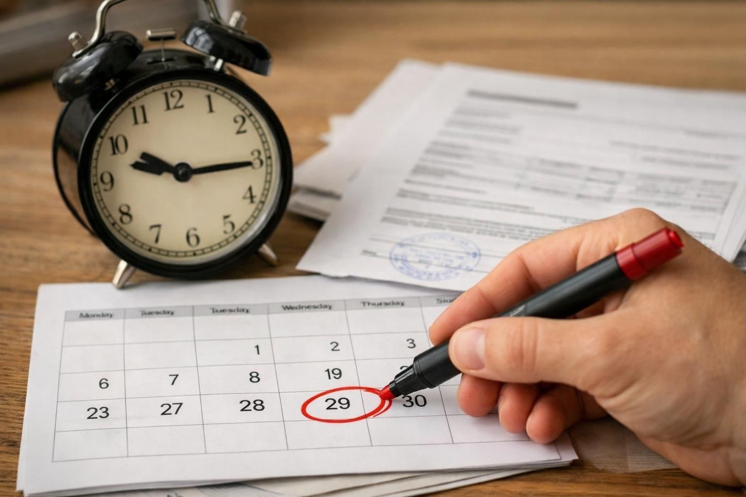 Hand circles date on calendar beside black alarm clock