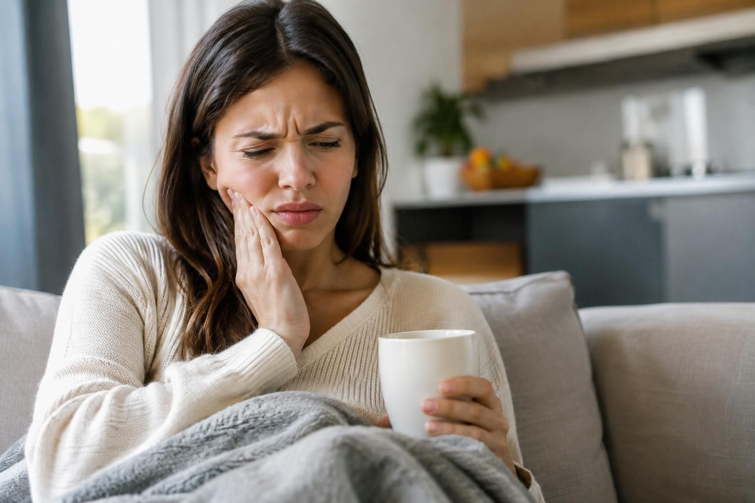 Woman holding her cheek and mug on a couch