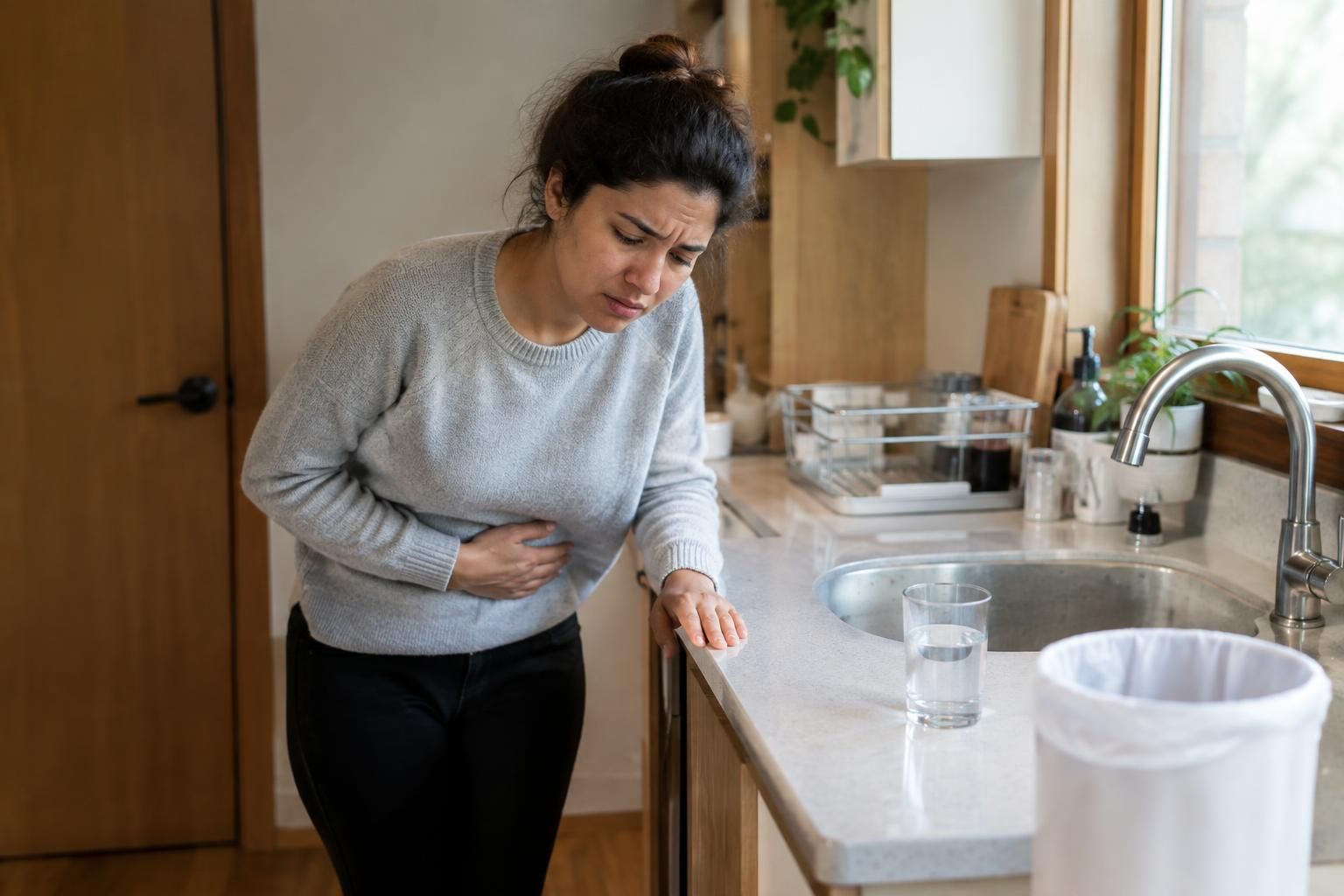 Woman holding her stomach beside a kitchen sink and glass of water