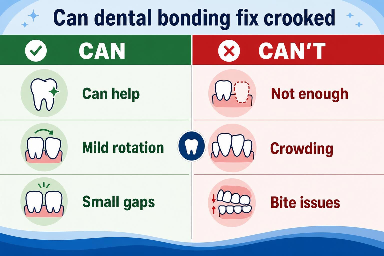 Infographic shows dental bonding can help mild rotation and small gaps, but not crowding or bite issues