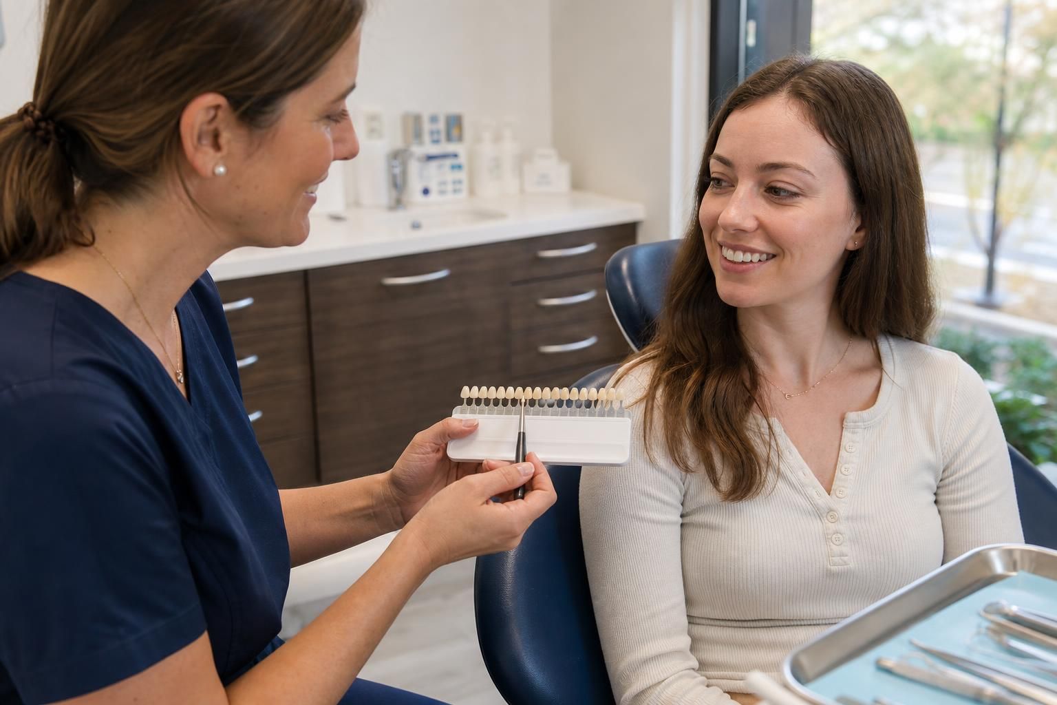 Dentist shows tooth shade guide to smiling patient