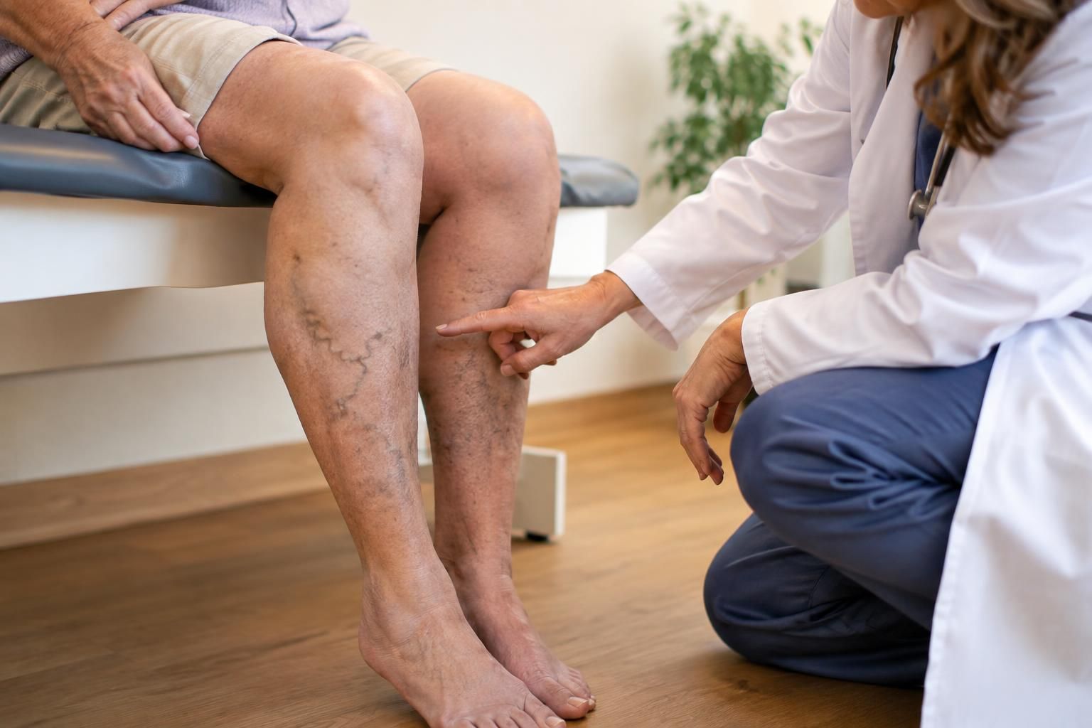 Doctor points at varicose veins on a patient’s legs