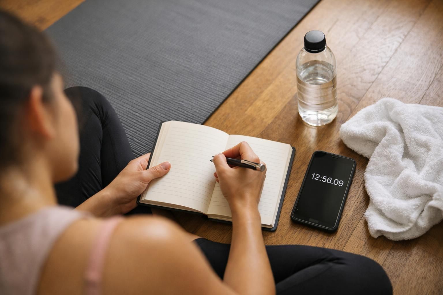 Person writing in notebook beside phone, towel, water bottle