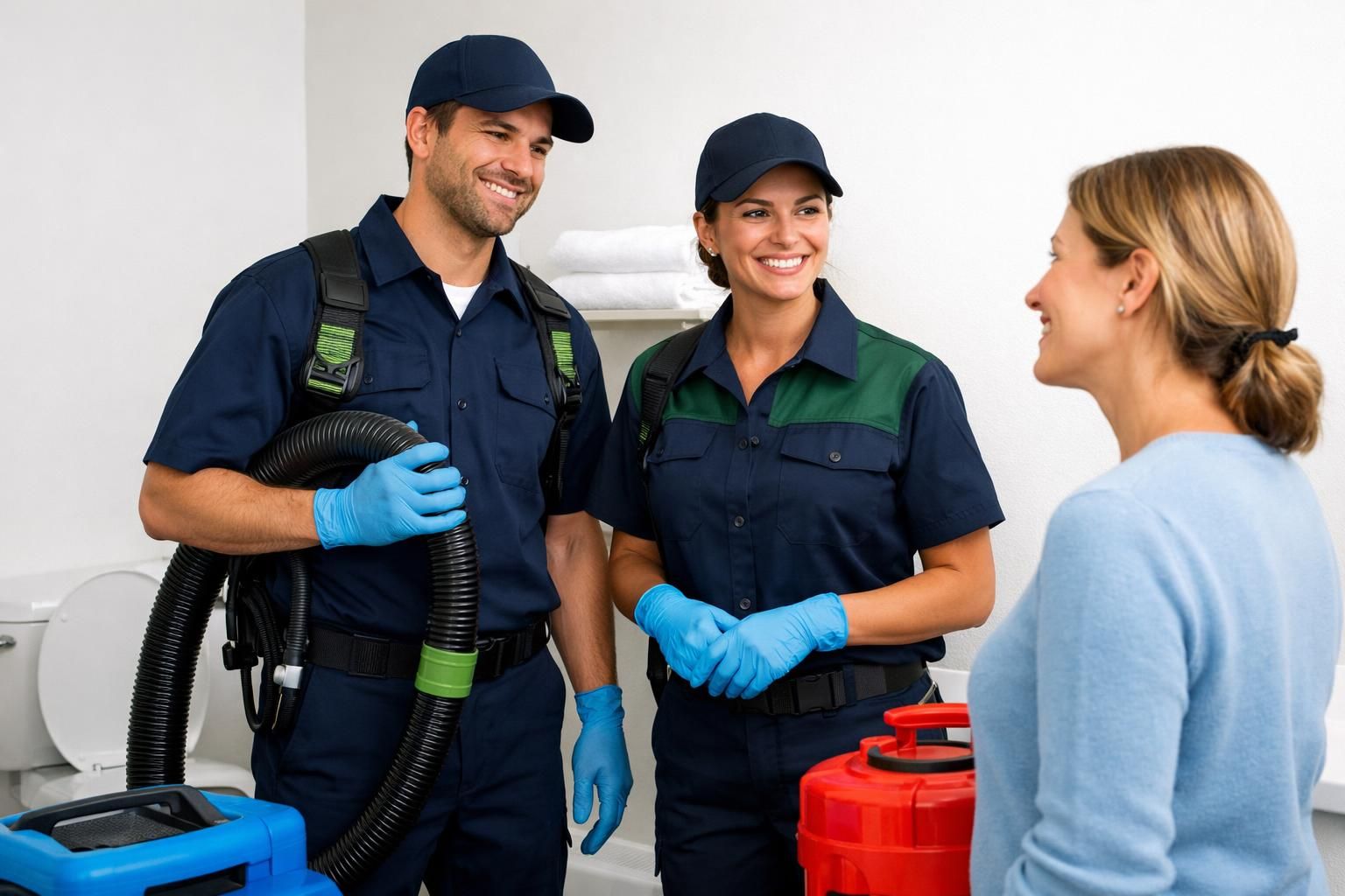 Two uniformed cleaners with hose talking to woman
