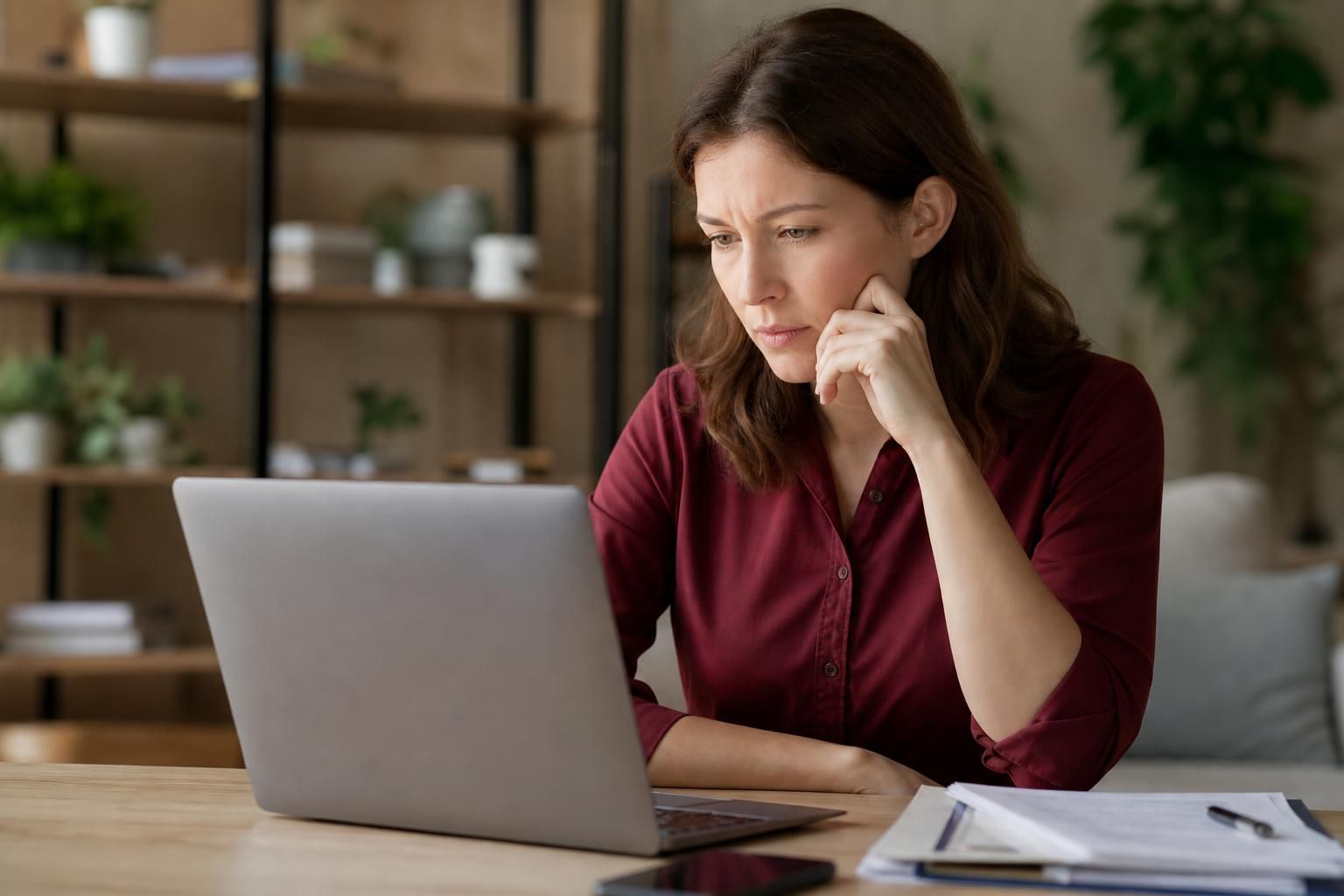 Woman studies laptop with papers and phone on desk