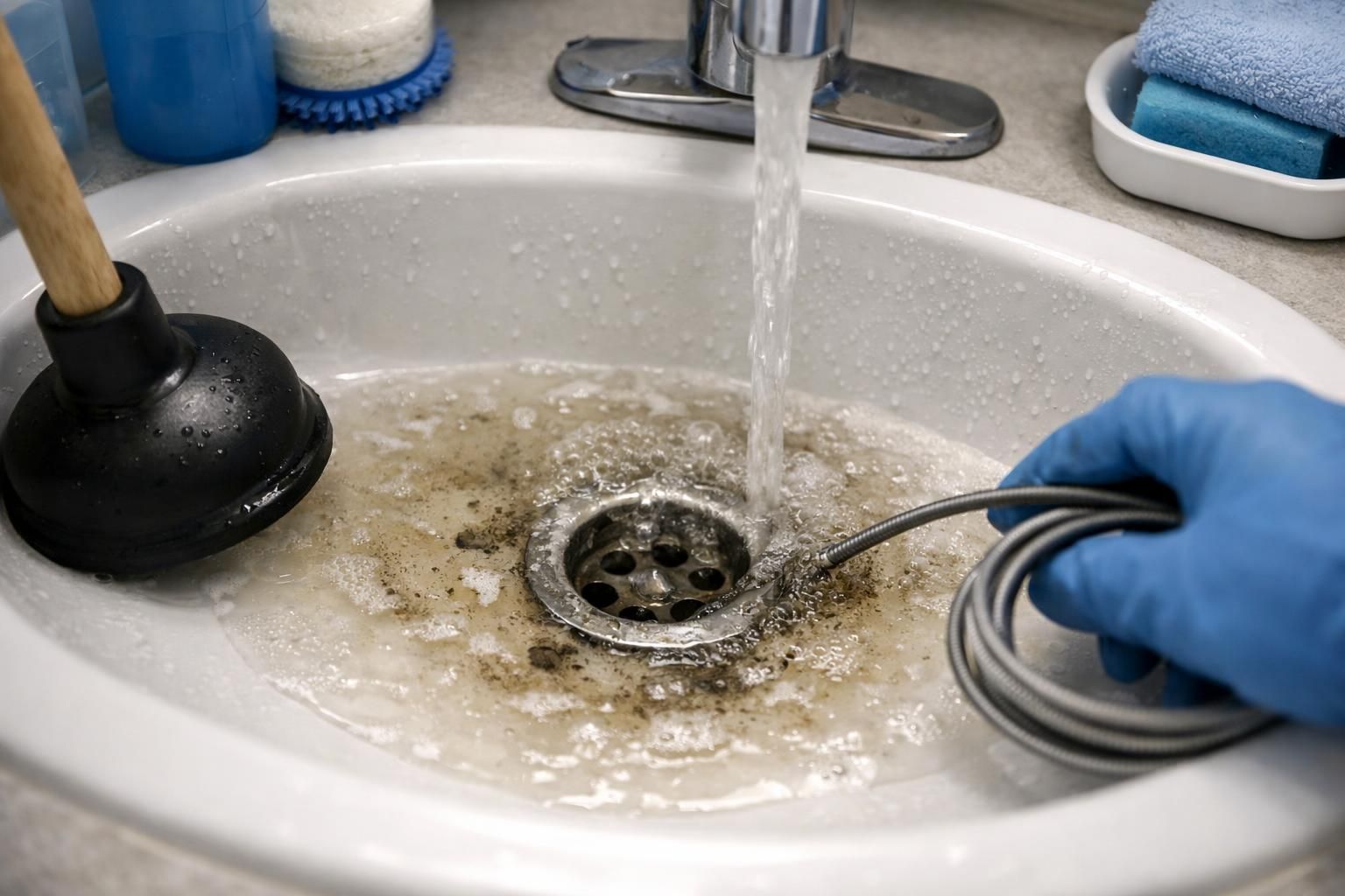 Gloved hand snakes clogged bathroom sink drain under running water
