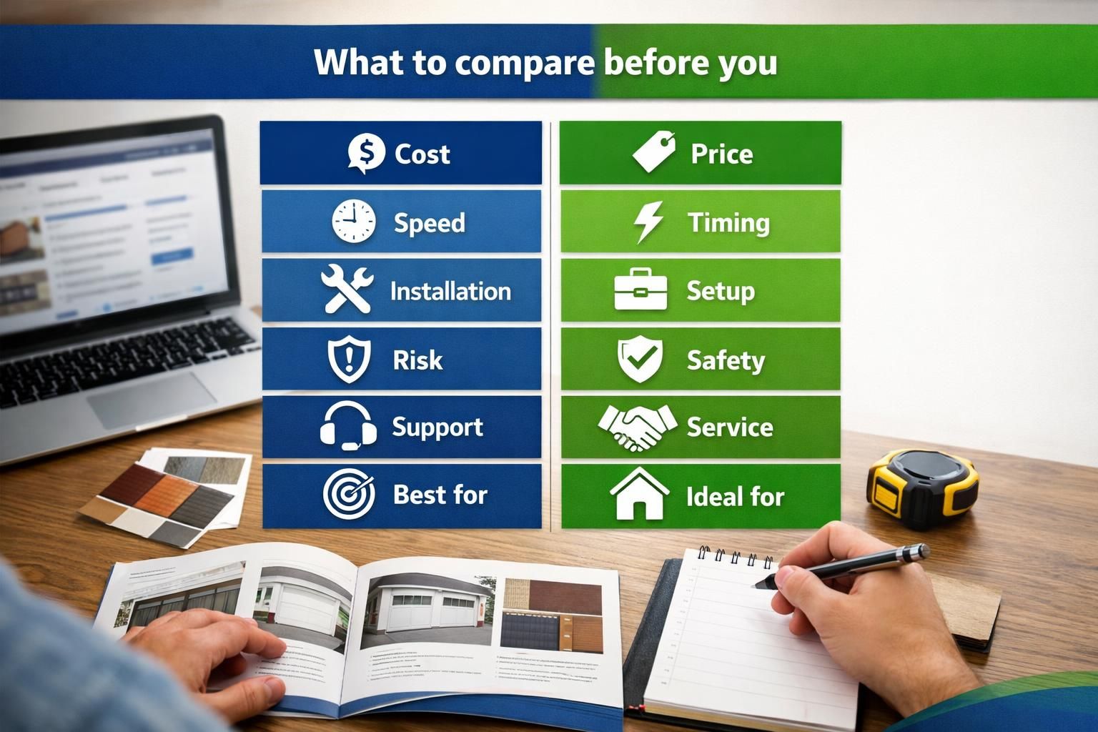 Comparison chart beside laptop, brochure, and notepad on desk