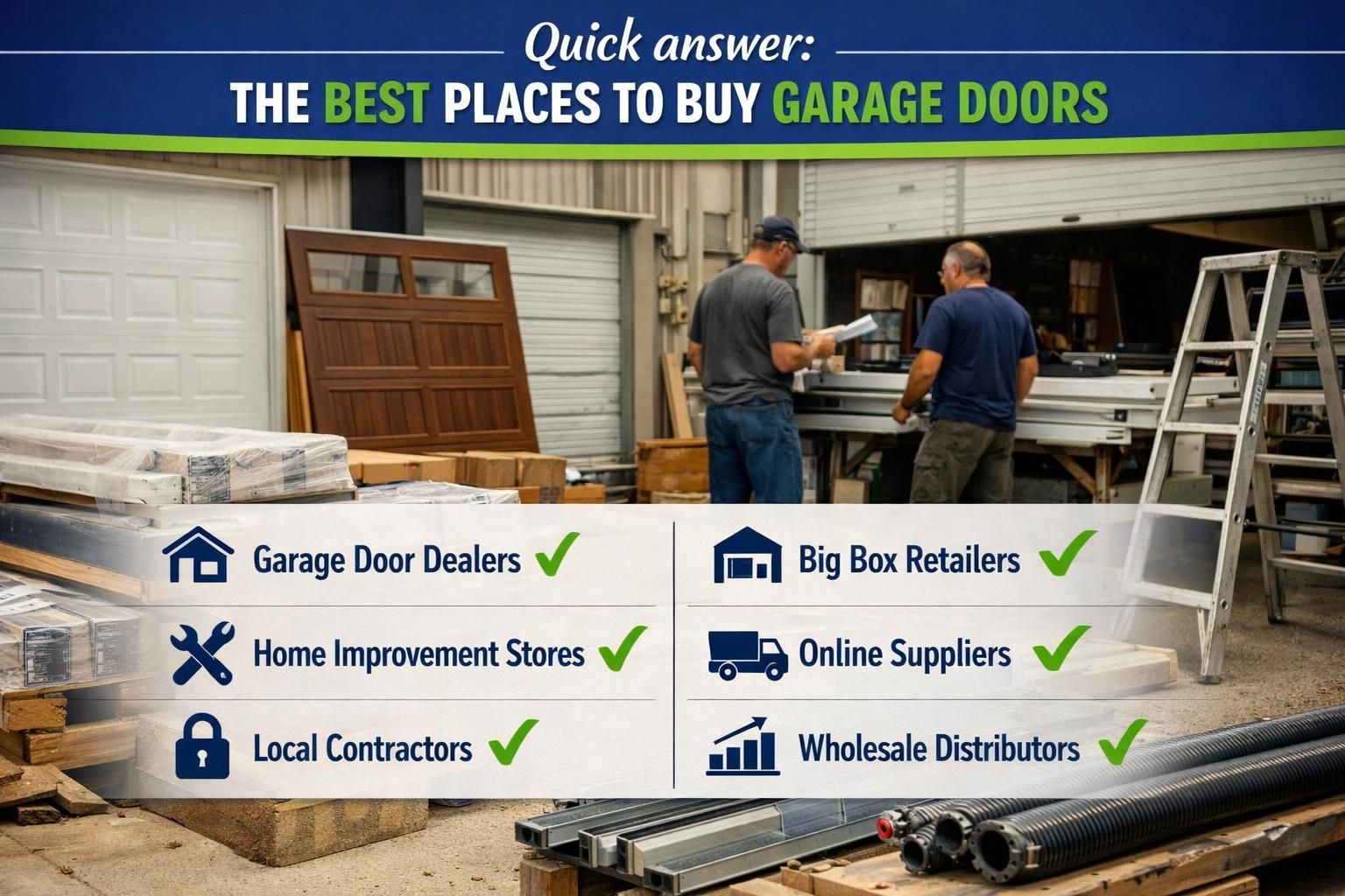 Two workers reviewing garage door parts in warehouse